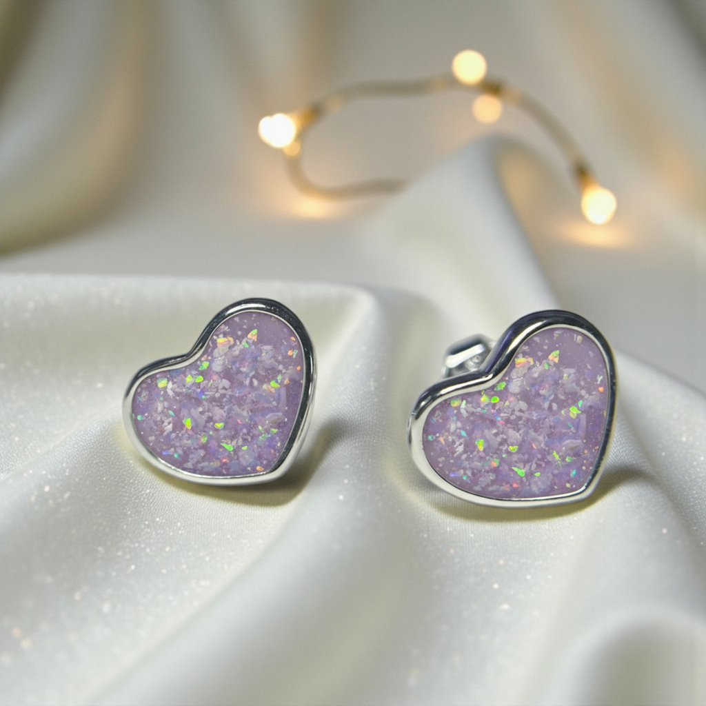 Keepsake Memorial Sterling Silver Heart Ashes Earrings Luna Grace in Unicorn Purple - Handcrafted in the UK