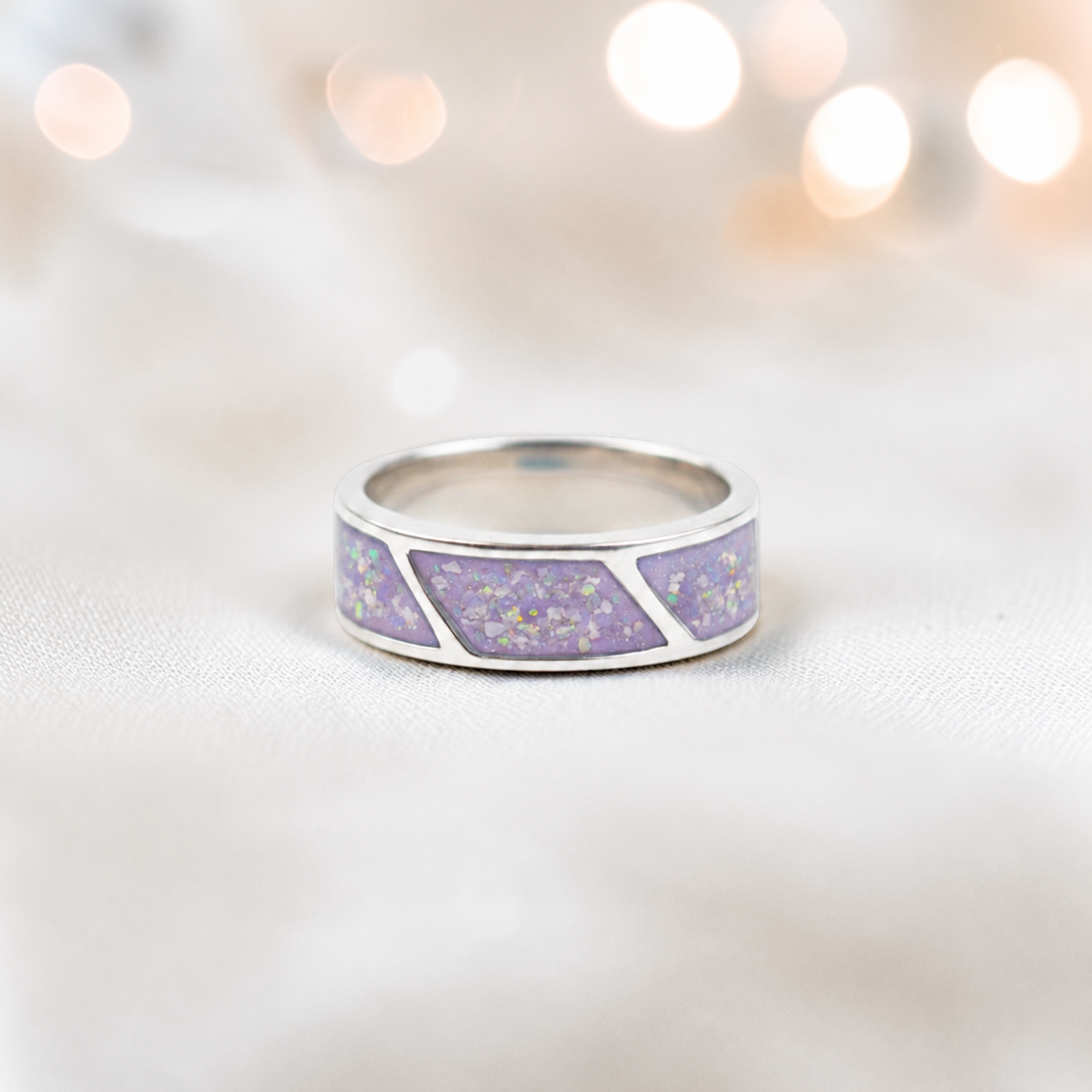 Unicorn purple Axis men's sterling silver three setting ring, handcrafted in Lancashire UK by Keepsake Memorial Jewellery