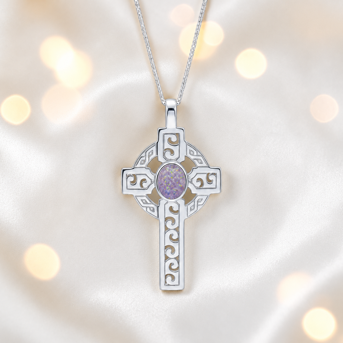 Unicorn purple Anam sterling silver Celtic cross memorial pendant, 55mm, handcrafted in Lancashire UK by Keepsake Memorial Jewellery