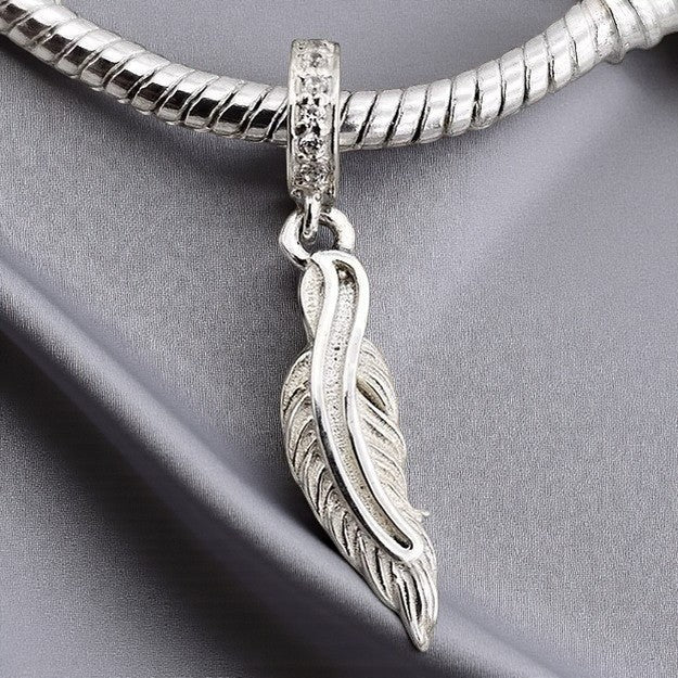 Feather CZ Dangle Bracelet Charm 925 Silver