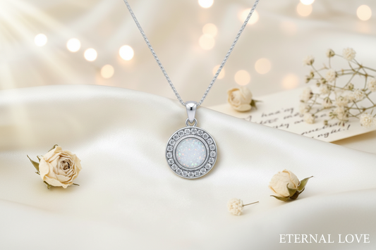 Alderan silver memorial pendant with white opal inclusion on cream satin — breast milk jewellery by Keepsake Memorial Jewellery