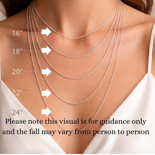 Chain length guide showing 16, 18, 20, 22 and 24 inch silver curb chain lengths on a model - by Keepsake Memorial Jewellery