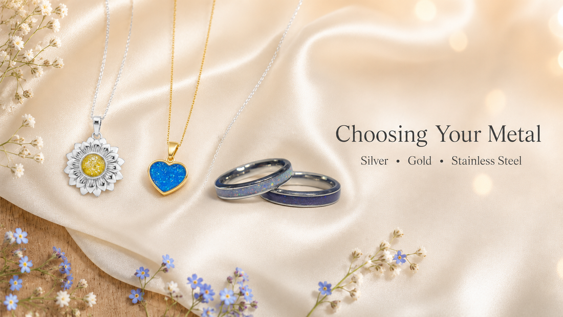 Image displaying three types of metal, silver, gold and stainless steel jewellery pieces, handcrafted in Lancashire UK - by Keepsake Memorial Jewellery