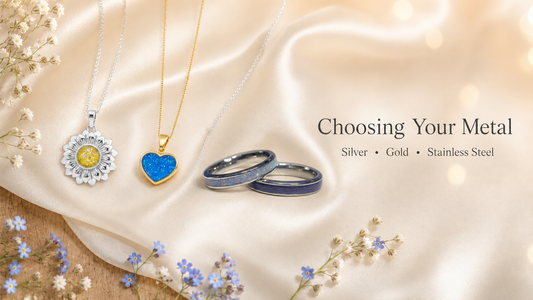 Image displaying three types of metal, silver, gold and stainless steel jewellery pieces, handcrafted in Lancashire UK - by Keepsake Memorial Jewellery