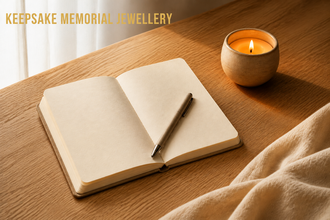 Notepad and pen on a table with a candle burning next to them. Picture for our FAQ blog by Keepsake Memorial Jewellery, Lancashire UK