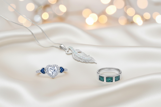 Keepsake Memorial Spica Feather Pendant, Heart Cluster Ring and Gents Vigil Ring arranged on cream satin with soft bokeh lights