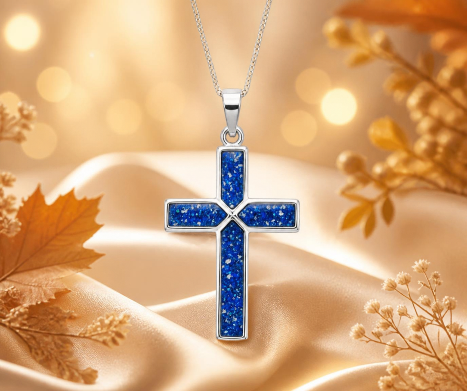 Gents sterling silver memorial cross set with royal blue resin and visible ashes, handcrafted in Lancashire UK - by Keepsake Memorial Jewellery