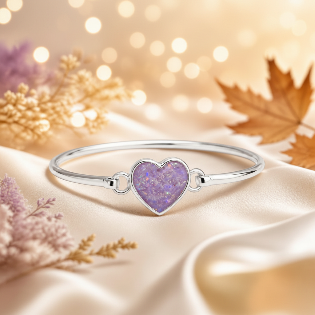 Memorial Bracelets and Bangles Collection — silver heart ashes bangle, handcrafted in Lancashire, UK