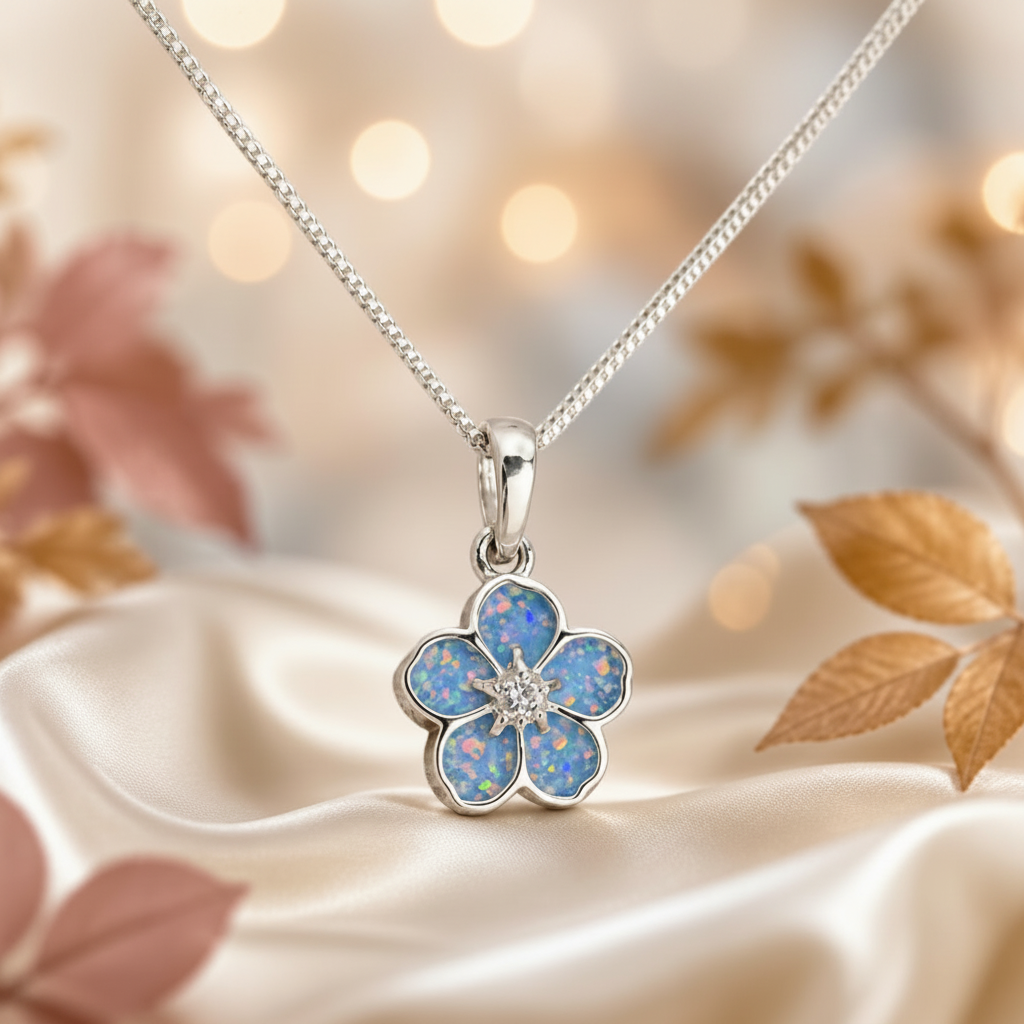 925 Sterling Silver Forget Me Not Memorial Pendant in baby blue - Keepsake Memorial Jewellery