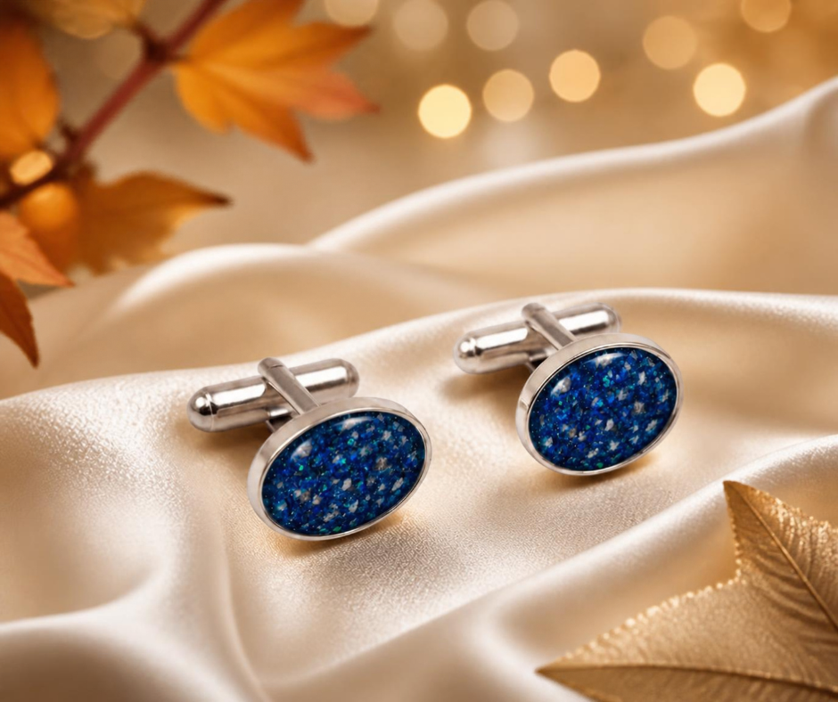 Sapphire glow Pulse sterling silver oval memorial ashes cufflinks, handcrafted in Lancashire UK