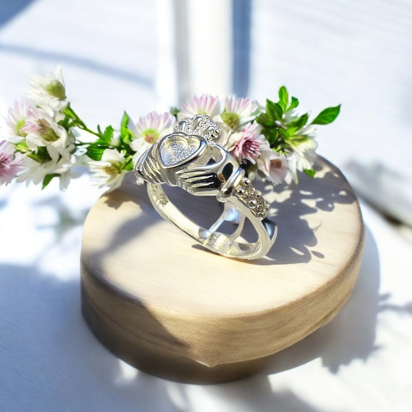 Solid 925 Silver Claddagh Ring with CZ Stones