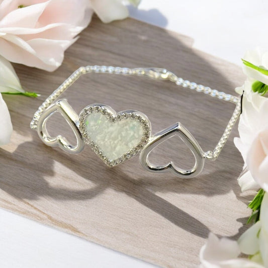 Solid Silver Three Heart Bracelet with cz Stones