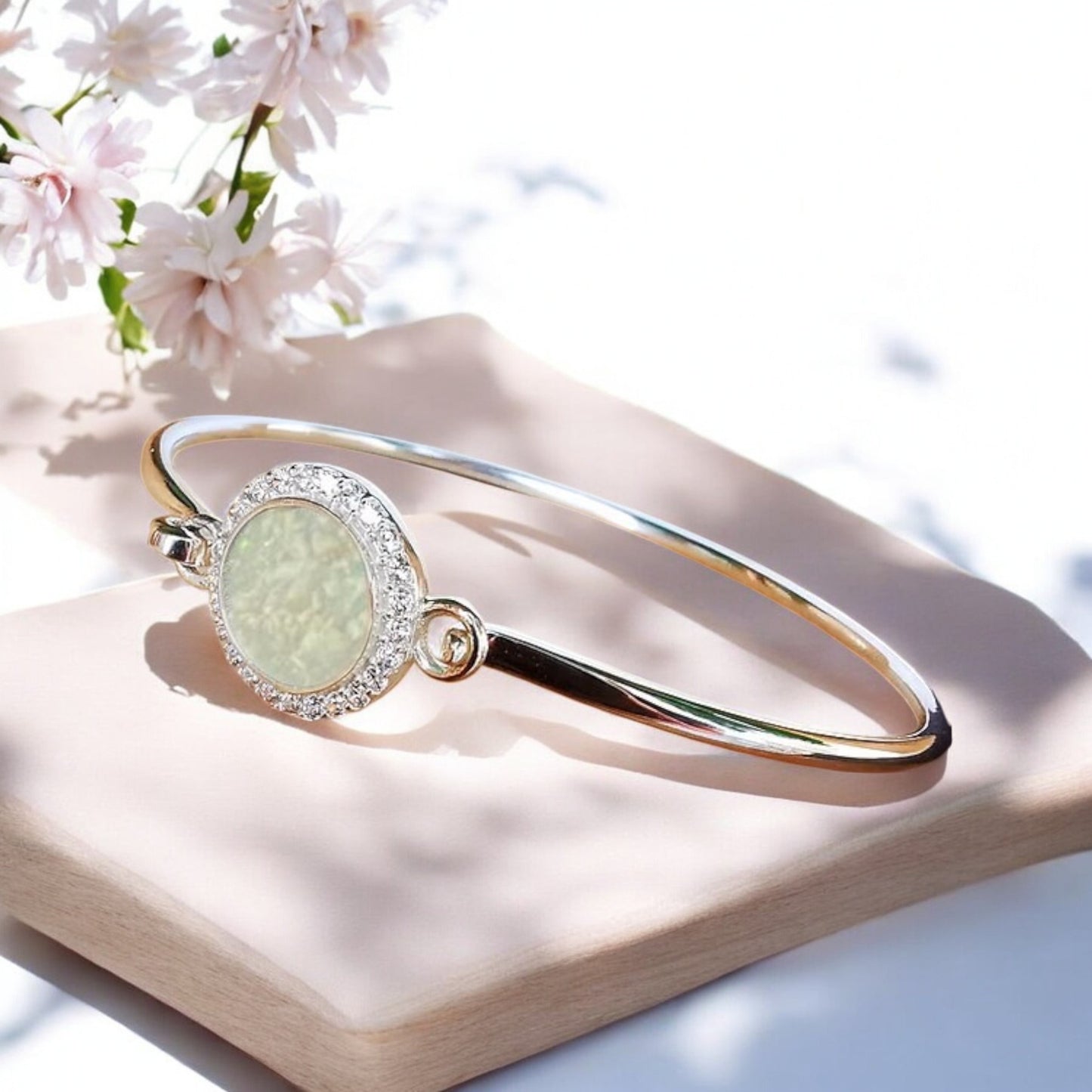 Halo Cluster Hook Clasp Silver CZ Bangle