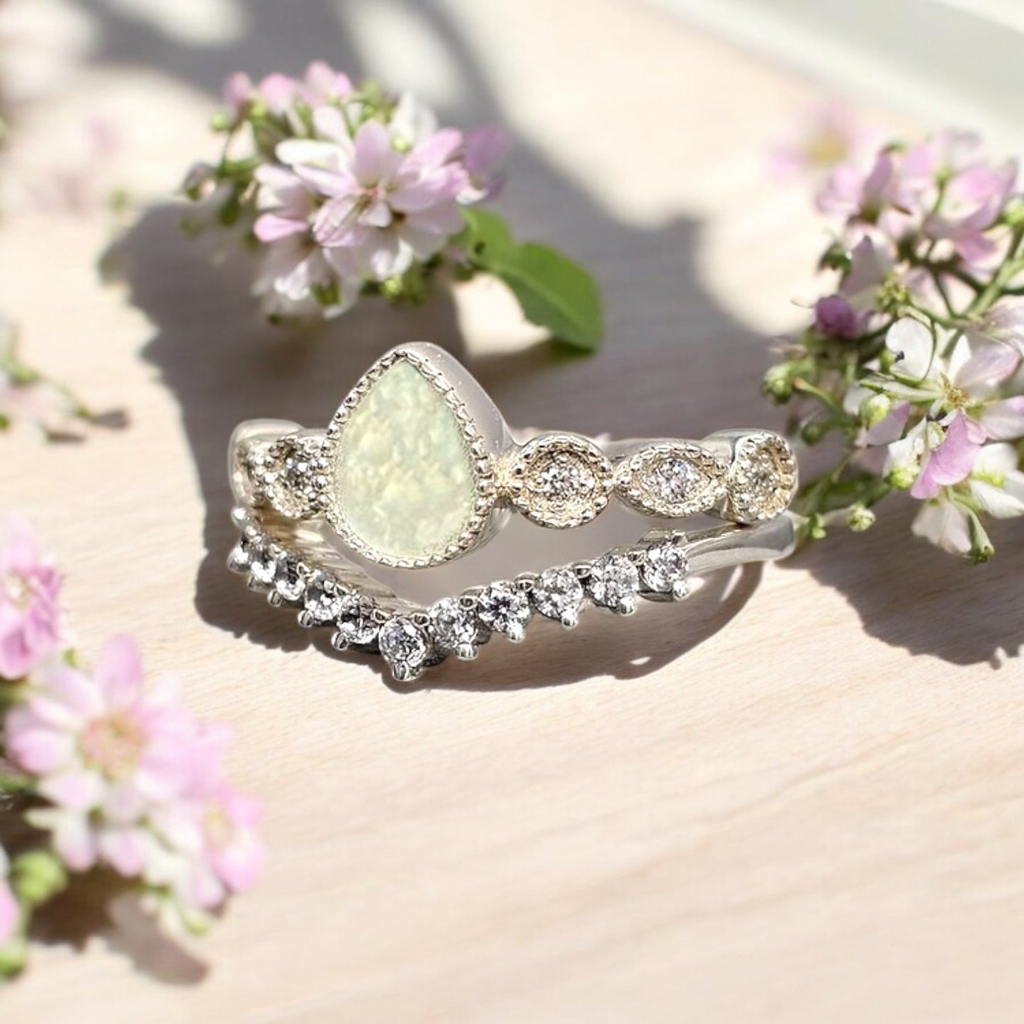 Beaded Edge Pear Duo CZ Ring Set 925 Silver