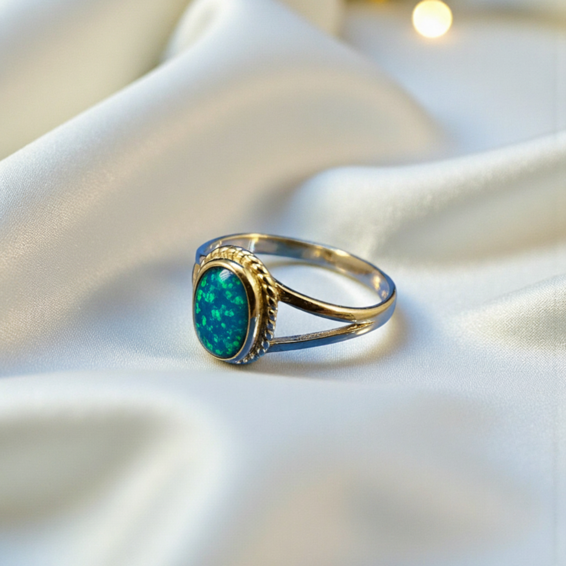 9ct Gold Oval Ring - Peacock Blue Opal