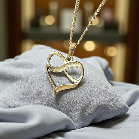 9ct gold infinity open heart pendant, handcrafted in Lancashire, UK