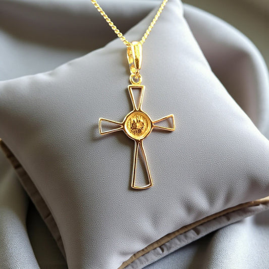 9ct gold open cross ashes pendant, handcrafted in Lancashire, UK