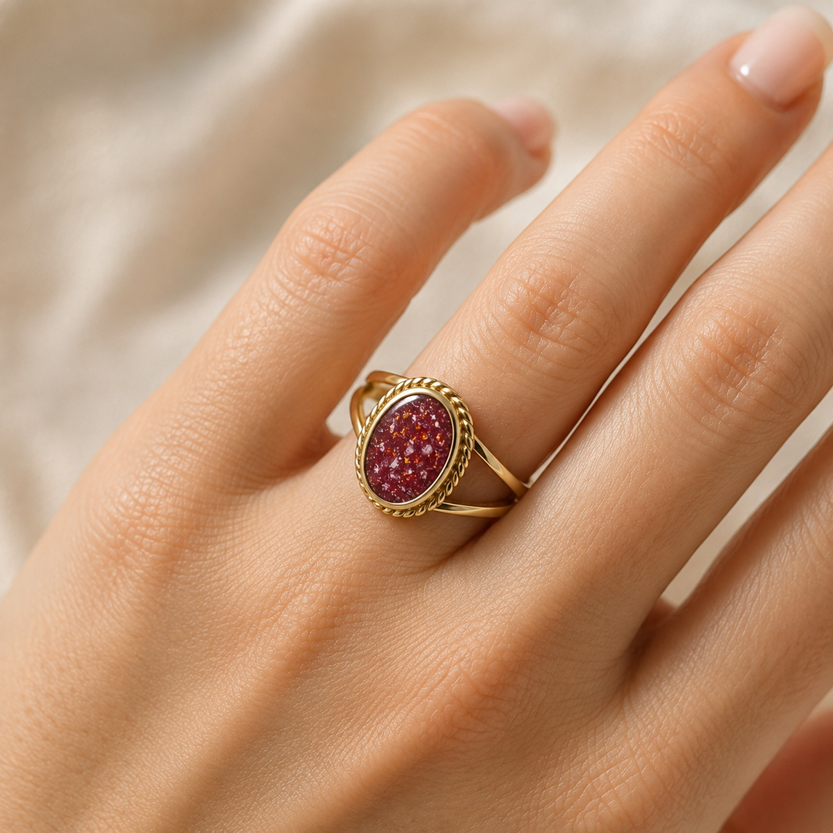 Ruby Red Ayla, 9ct gold oval memorial ring, handcrafted in Lancashire, UK – by Keepsake Memorial Jewellery