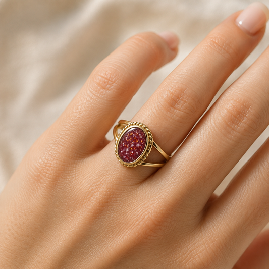 Ruby Red Ayla, 9ct gold oval memorial ring, handcrafted in Lancashire, UK – by Keepsake Memorial Jewellery