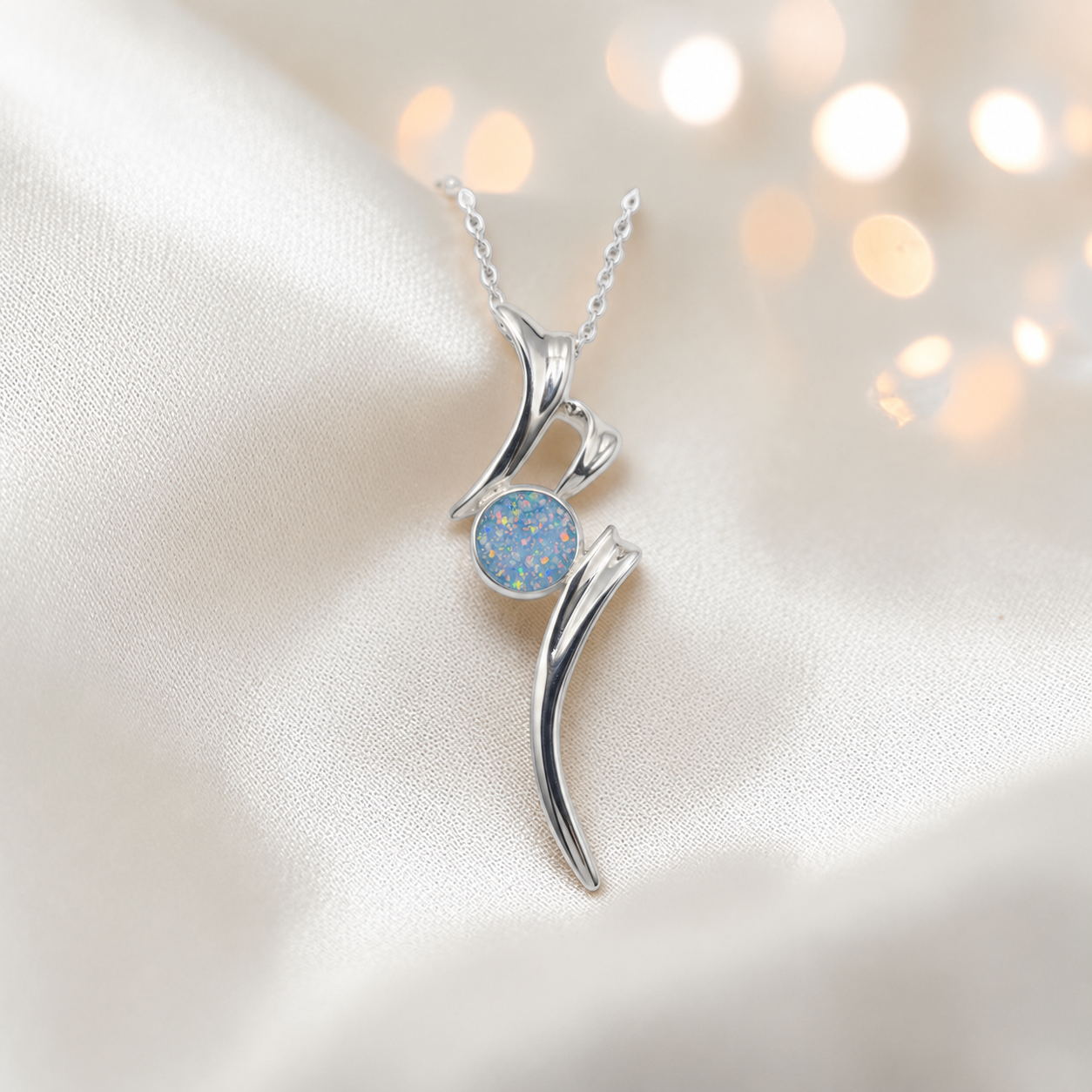 Abstract silver memorial ashes pendant in baby blue, handcrafted in Lancashire UK