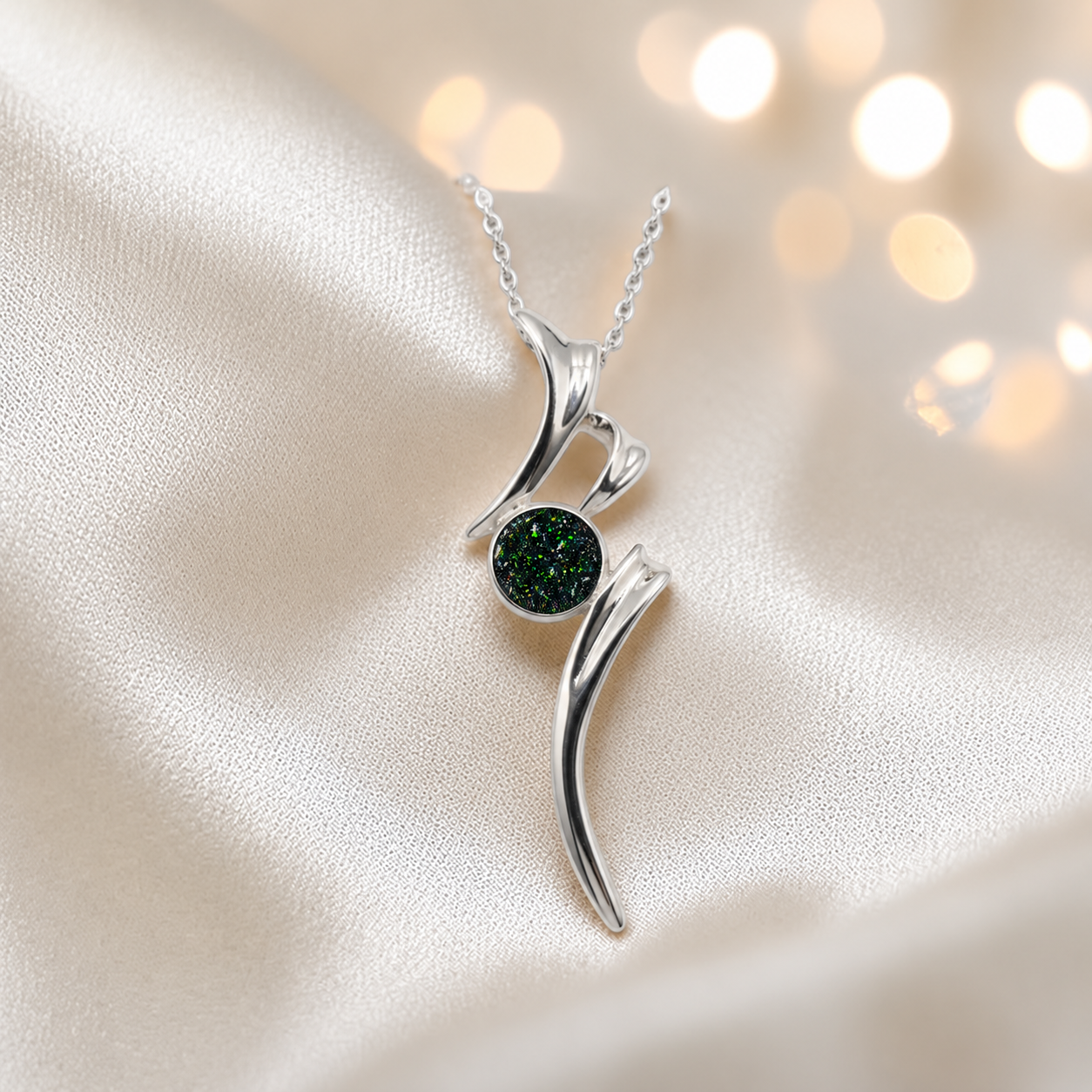 Abstract silver memorial ashes pendant in black flame, handcrafted in Lancashire UK