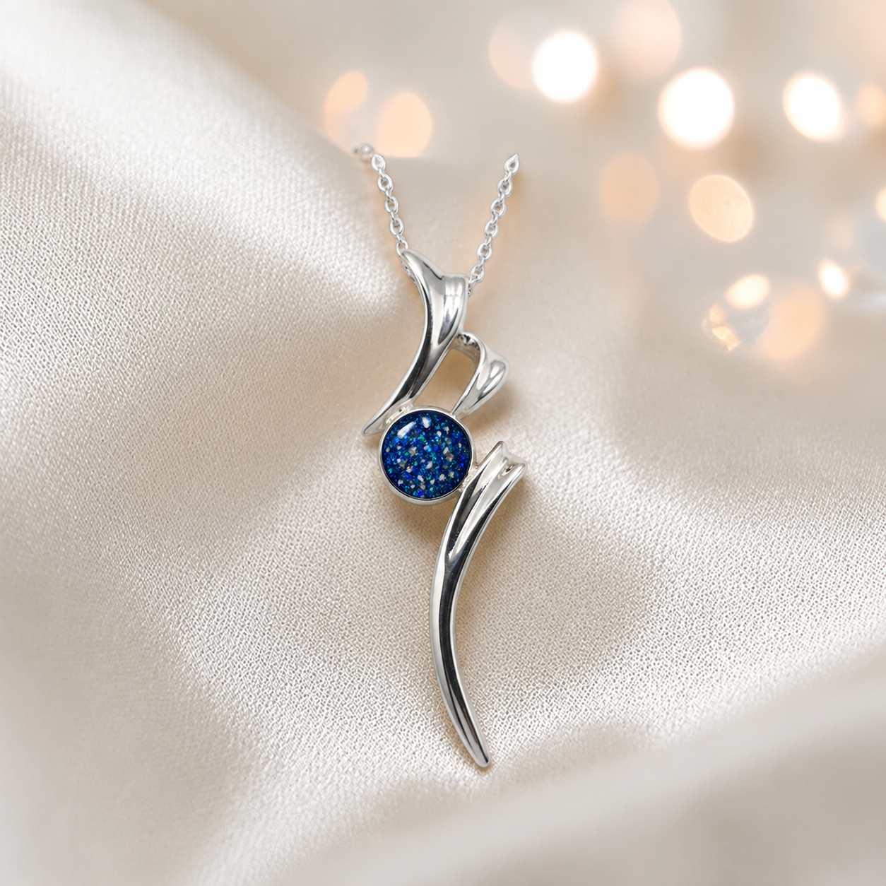 Abstract silver memorial ashes pendant in sapphire glow, handcrafted in Lancashire UK