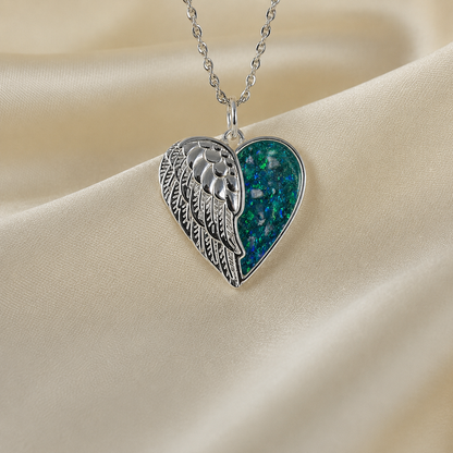 Achern angel heart ashes pendant in teal mist, handcrafted in Lancashire UK - by Keepsake Memorial Jewellery