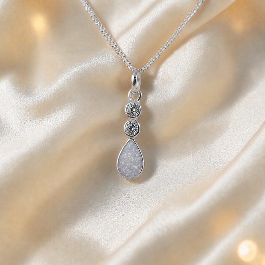 Acrux small tear drop CZ ashes pendant in white snow, handcrafted in Lancashire UK