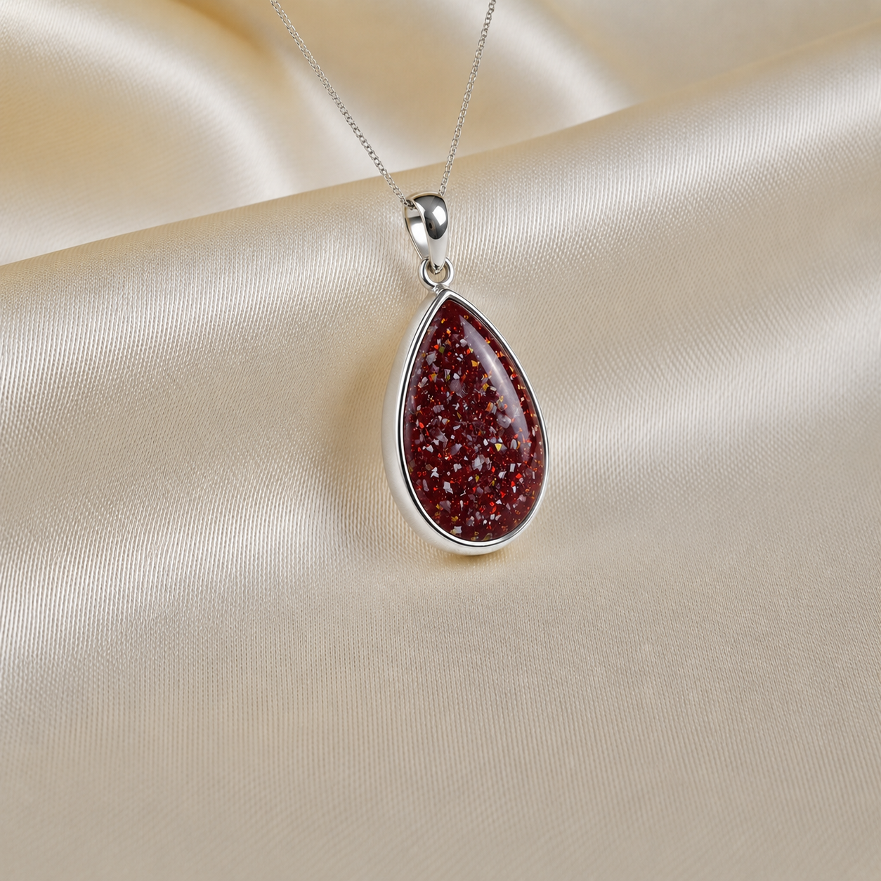 Alcyone pear shaped ashes pendant in ruby red, handcrafted in Lancashire UK - by Keepsake Memorial Jewellery