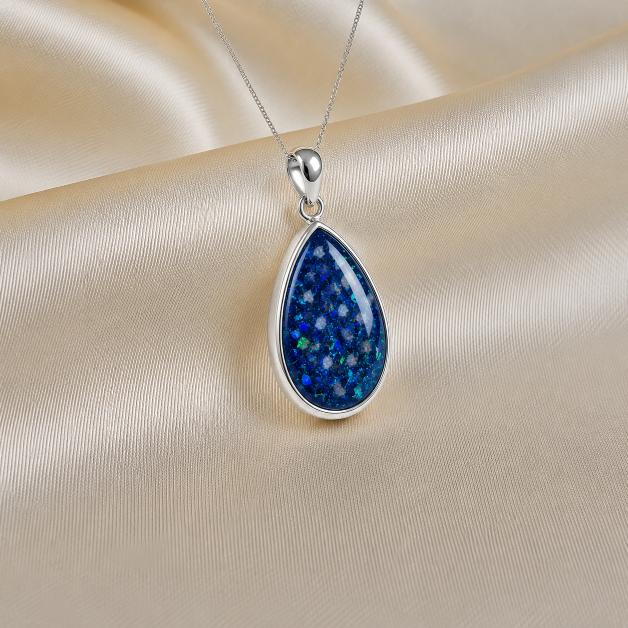 Alcyone pear shaped ashes pendant in sapphire glow, handcrafted in Lancashire UK - by Keepsake Memorial Jewellery