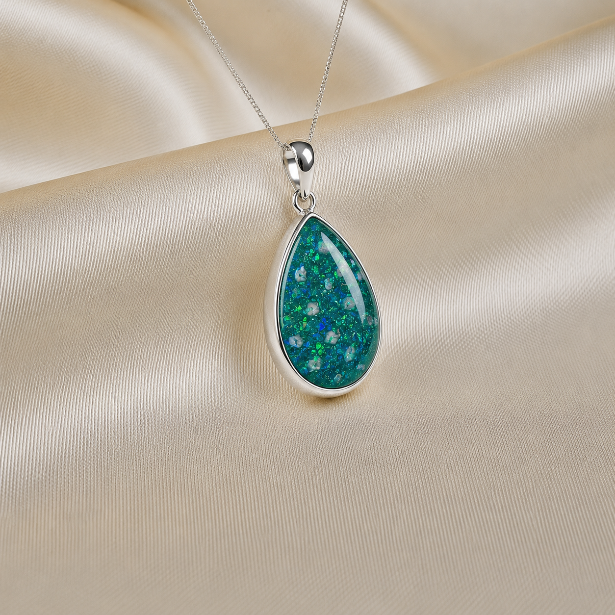Alcyone pear shaped ashes pendant in teal mist, handcrafted in Lancashire UK - by Keepsake Memorial Jewellery