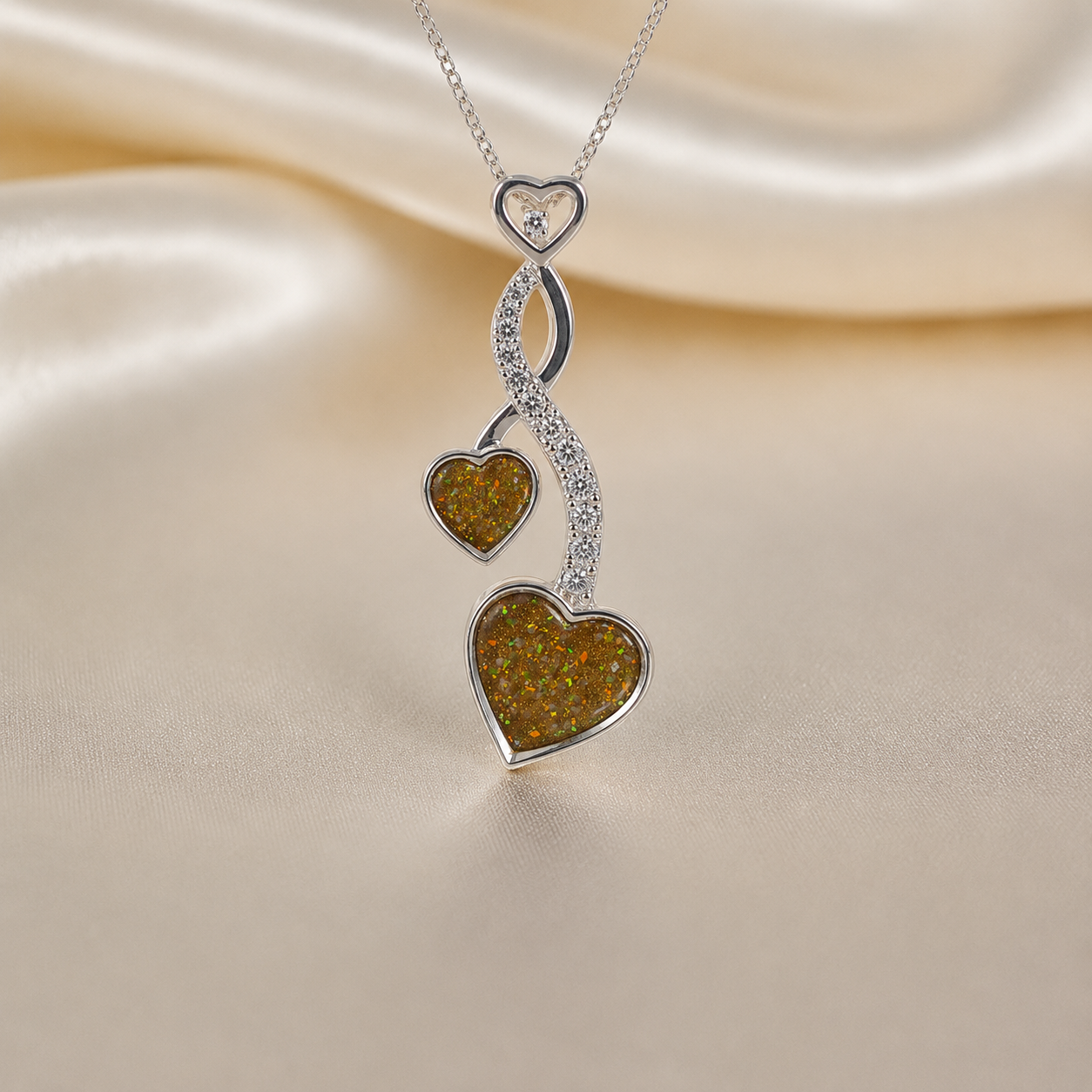 Aldera silver twin heart ashes memorial pendant in gold olive, handcrafted in Lancashire UK
