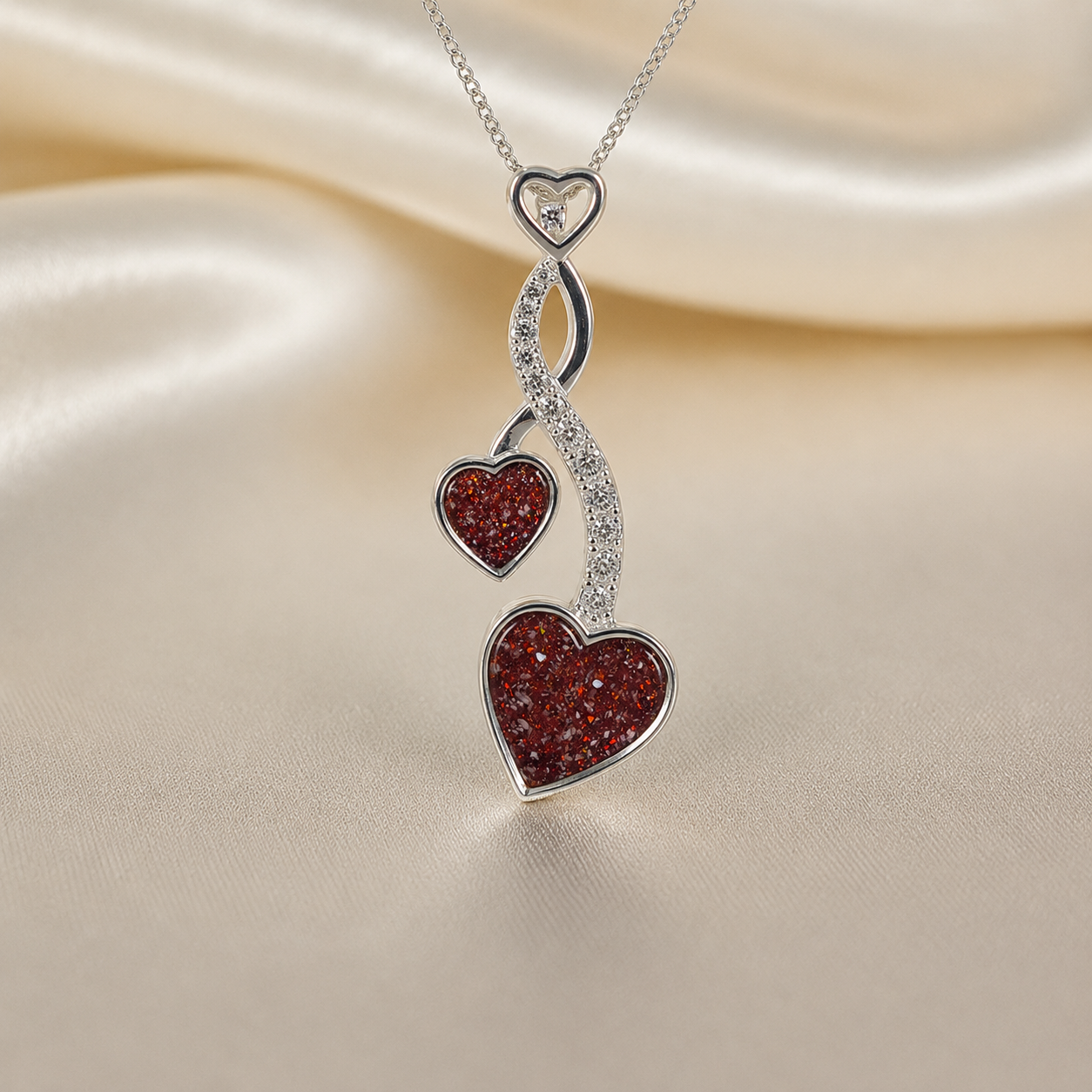 Aldera silver twin heart ashes memorial pendant in ruby red, handcrafted in Lancashire UK