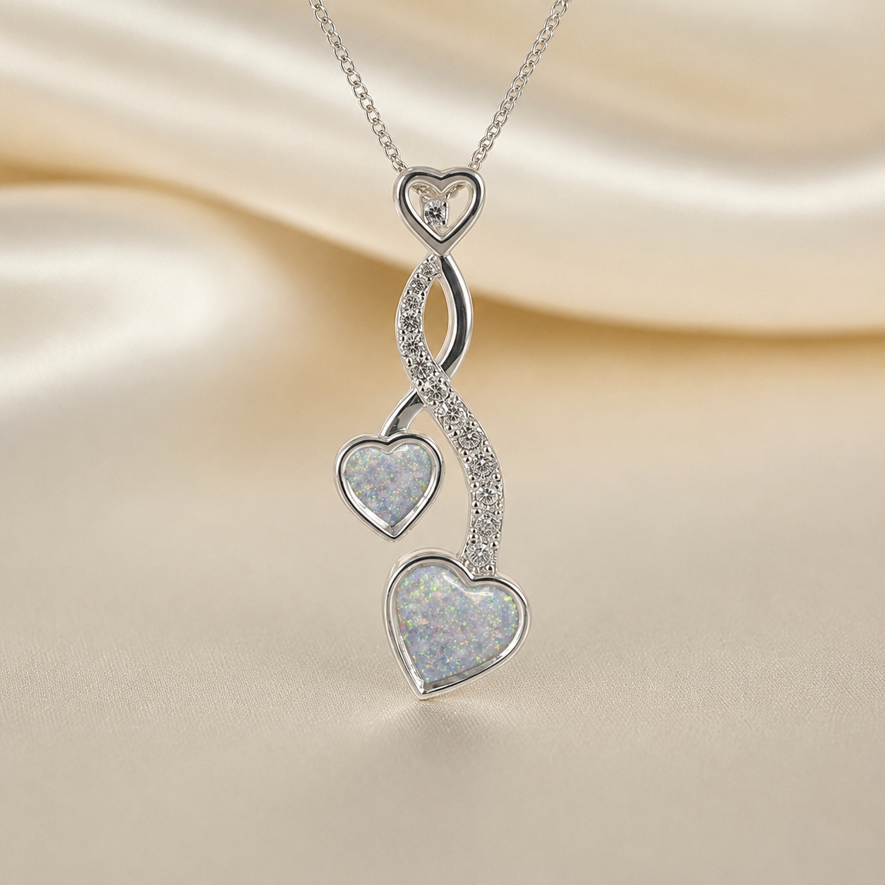 Aldera silver twin heart ashes memorial pendant in white snow, handcrafted in Lancashire UK