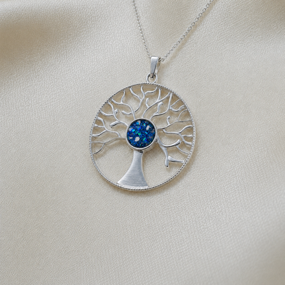 Algol tree of life memorial pendant in sapphire glow, handcrafted in Lancashire UK - by Keepsake Memorial Jewellery