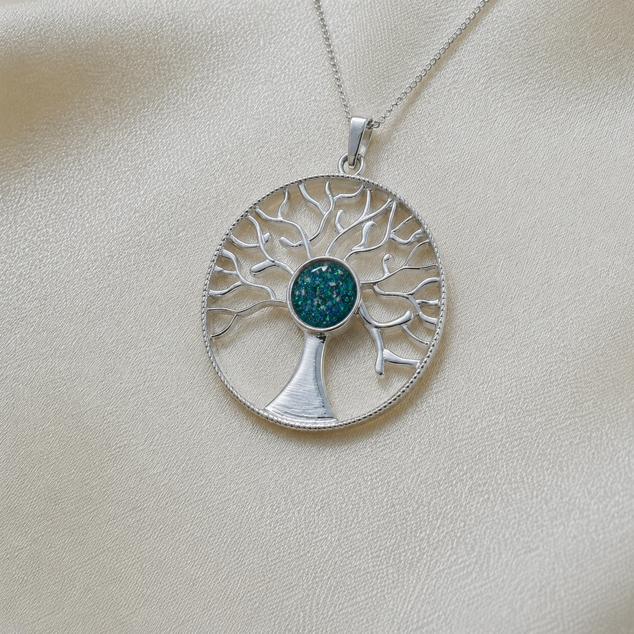 Algol tree of life memorial pendant in teal mist, handcrafted in Lancashire UK - by Keepsake Memorial Jewellery