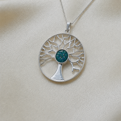 Algol tree of life memorial pendant in teal mist, handcrafted in Lancashire UK - by Keepsake Memorial Jewellery