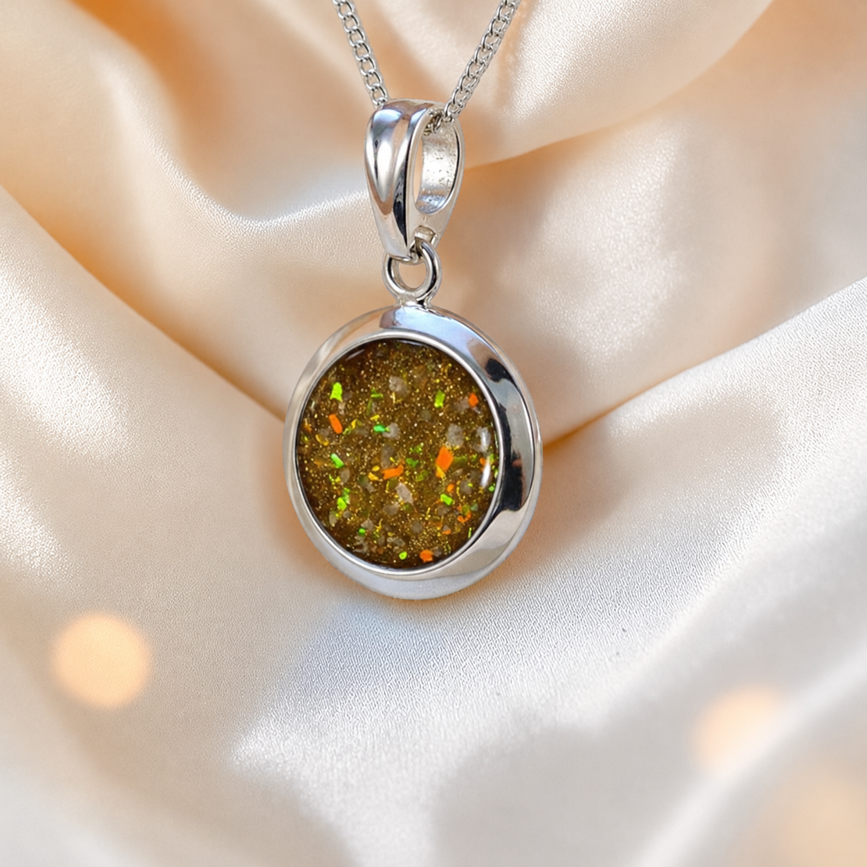 Altair round ashes pendant in gold olive, handcrafted in Lancashire UK