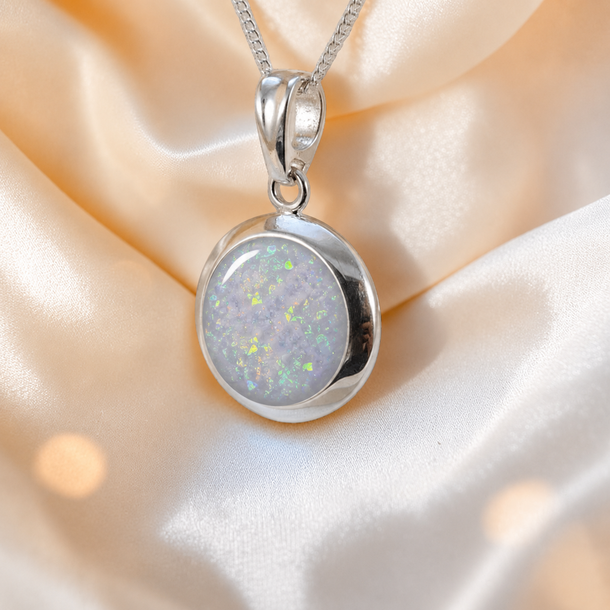 Altair round ashes pendant in white snow, handcrafted in Lancashire UK