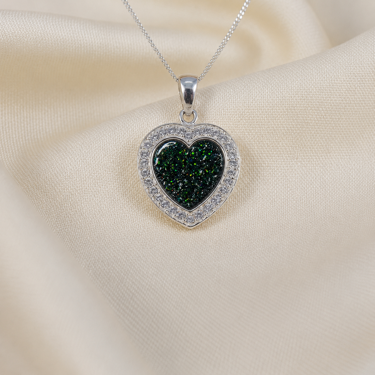 Antara Silver heart CZ shaped memorial pendant in black flame, handcrafted in Lancashire UK