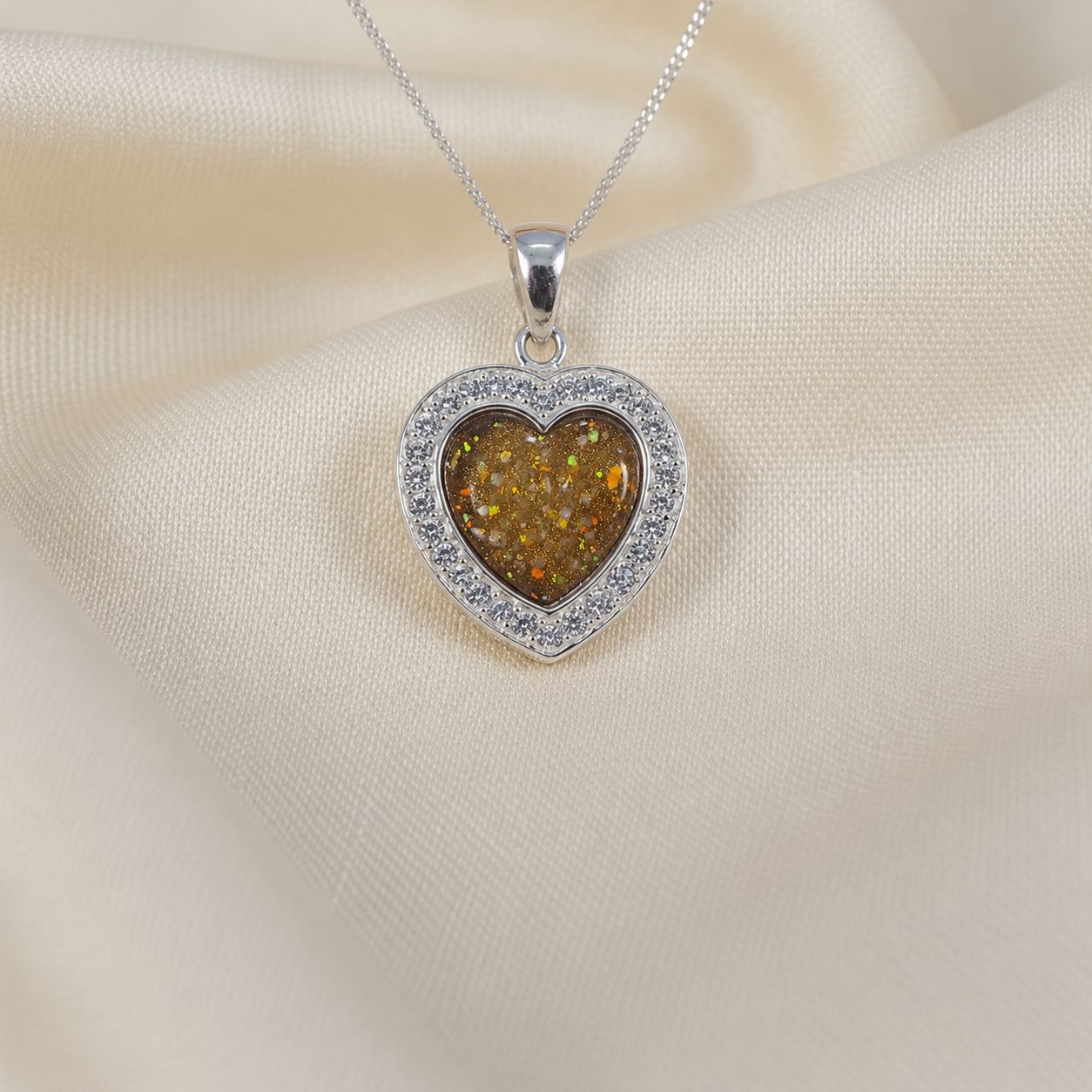 Antara Silver heart CZ shaped memorial pendant in gold olive, handcrafted in Lancashire UK