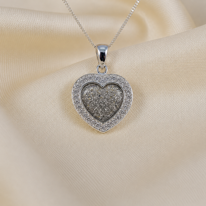Antara Silver heart CZ shaped memorial pendant in natural ash, handcrafted in Lancashire UK
