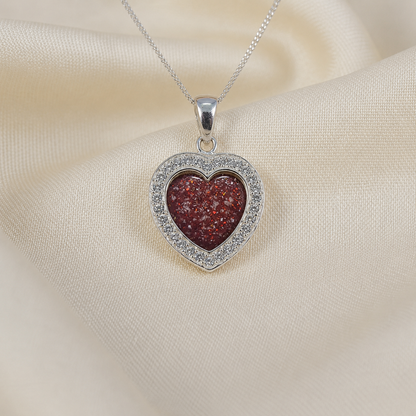 Antara Silver heart CZ shaped memorial pendant in ruby red, handcrafted in Lancashire UK