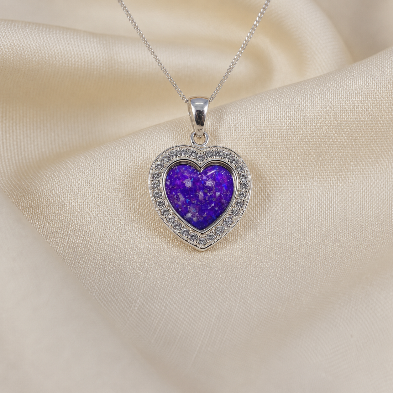 Antara Silver heart CZ shaped memorial pendant in sleepy lavender, handcrafted in Lancashire UK