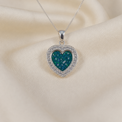 Antara Silver heart CZ shaped memorial pendant in teal mist, handcrafted in Lancashire UK