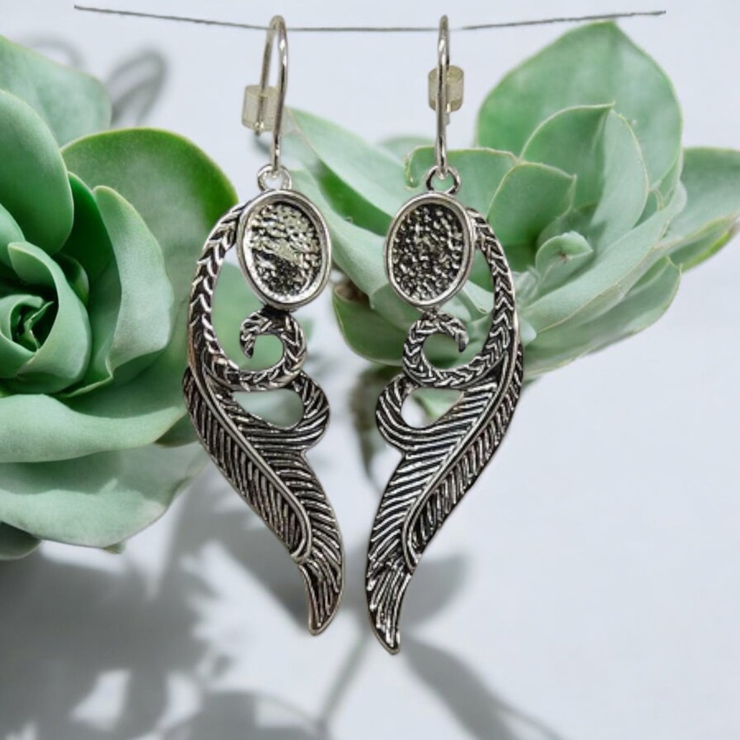 Antique Feather Style Earrings, Solid 925 Silver