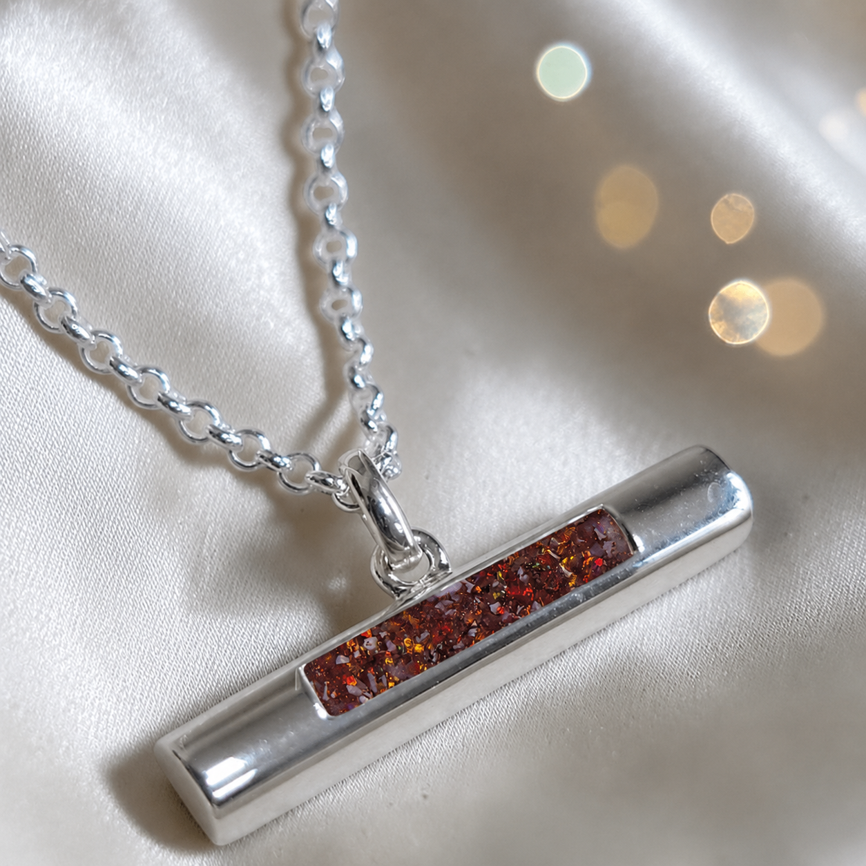 Arielle sterling silver T Bar ashes pendant in copper mocha, handcrafted in Lancashire, UK