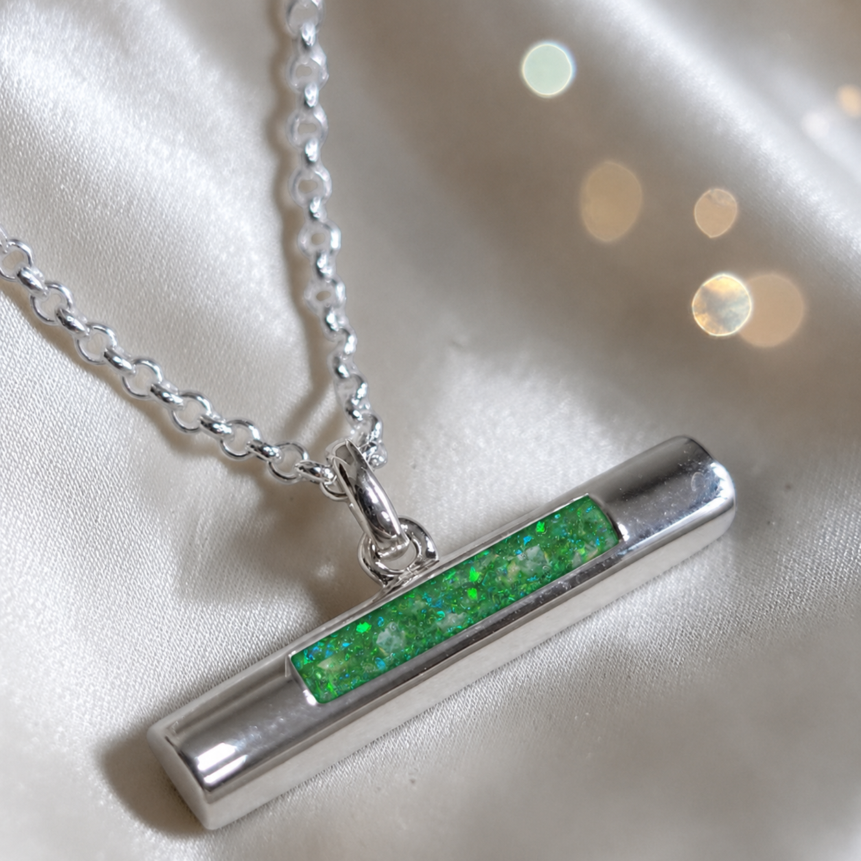 Arielle sterling silver T Bar ashes pendant in fruit green, handcrafted in Lancashire, UK