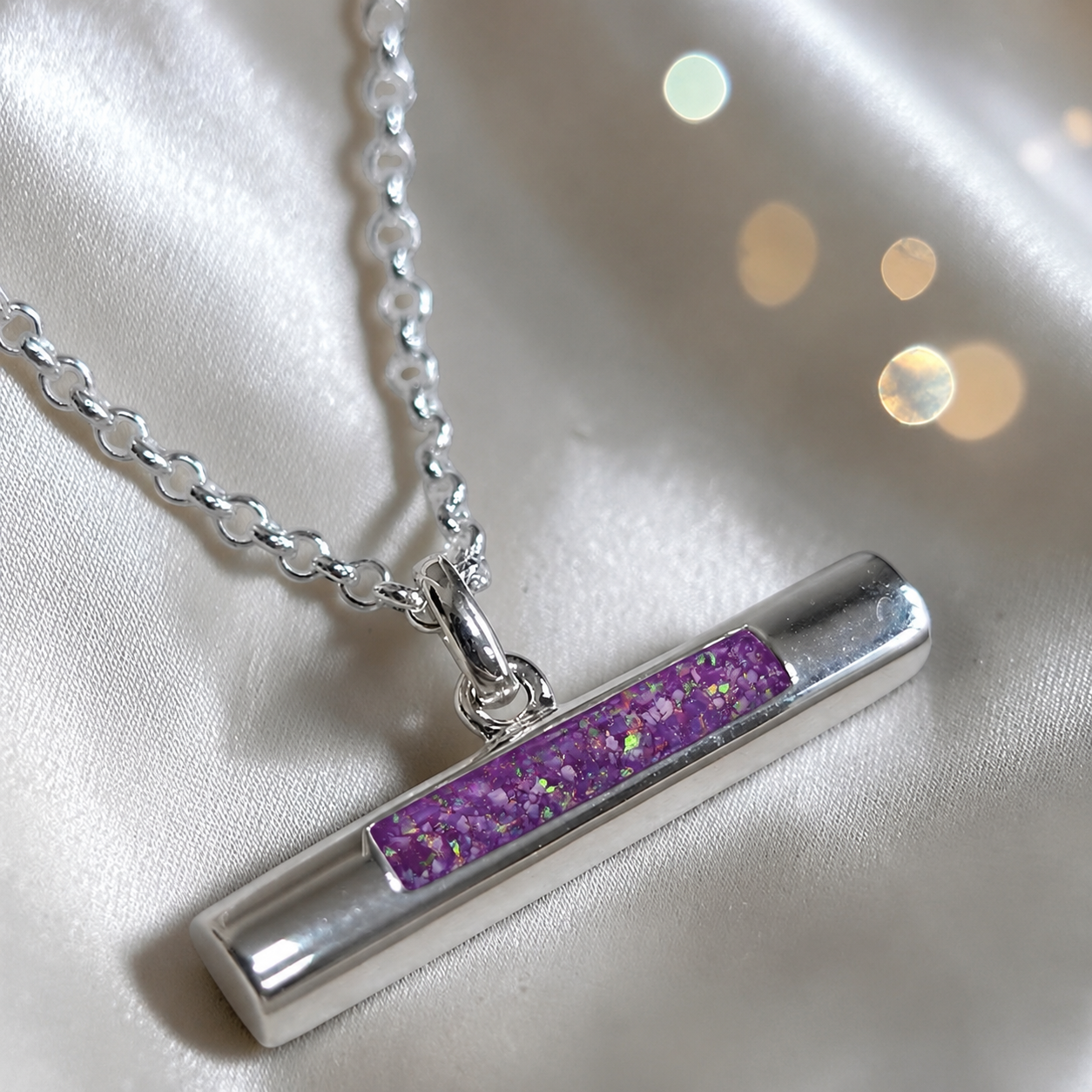 Arielle sterling silver T Bar ashes pendant in rose pink, handcrafted in Lancashire, UK