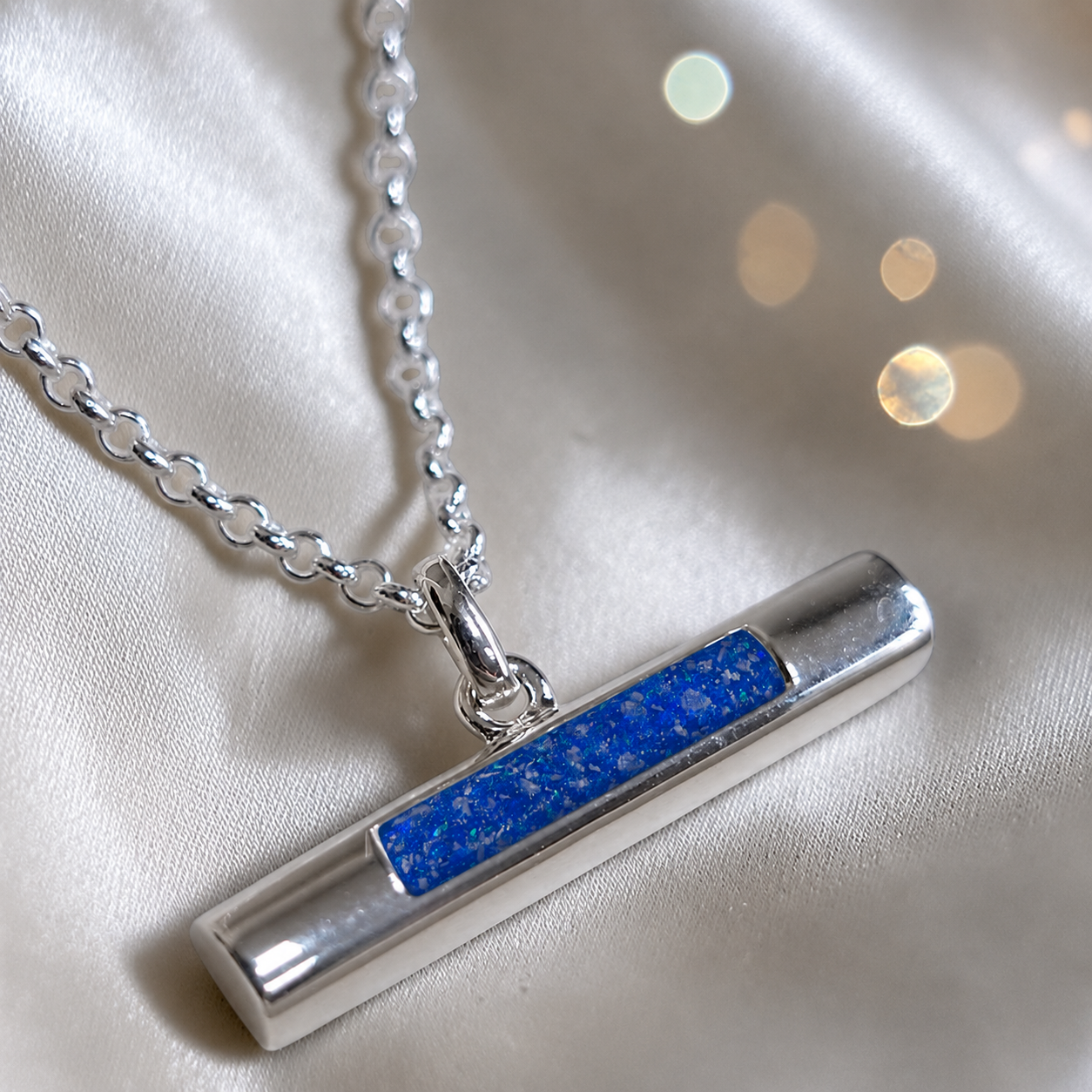 Arielle sterling silver T Bar ashes pendant in royal blue, handcrafted in Lancashire, UK